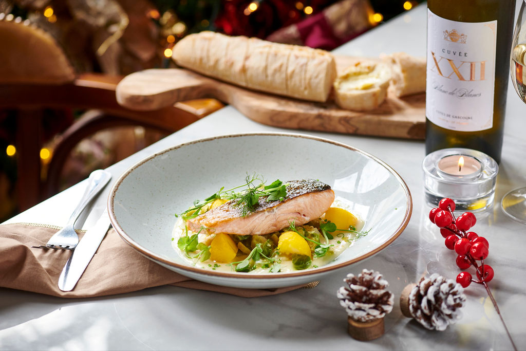 Champagne Beurre Blanc Salmon available on the Festive Party Menu