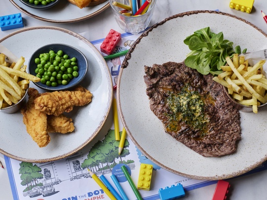 Childrens menu - steak frites and chicken goujons